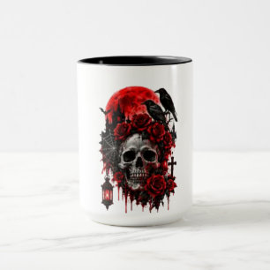 Taza Calavera de Cuervo Gótico Oscuro con Rosas Carmesí