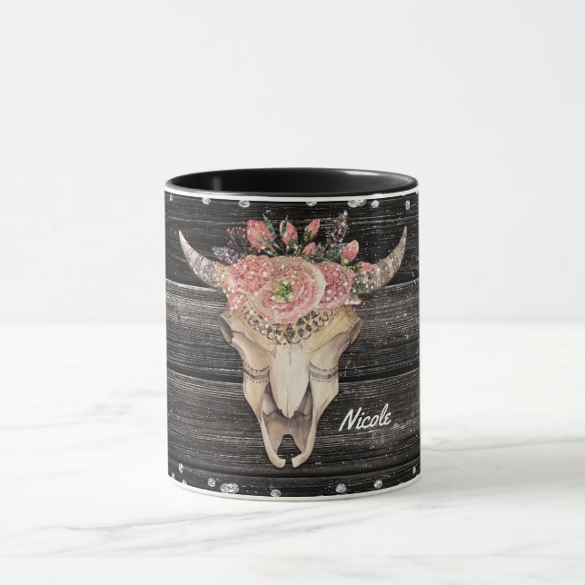 Taza Calavera de Vaca Rústico Brillo Glam Personalizado (Centro)