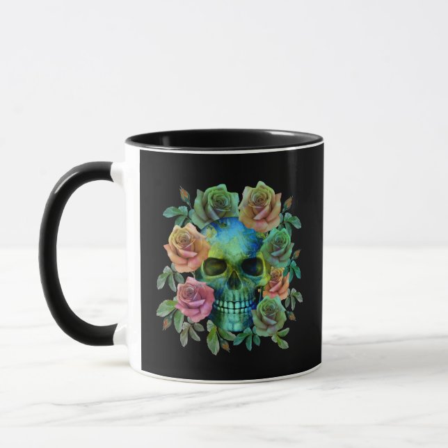 TAZA CALAVERA VERDE DE LA MUERTE CON FLORES (Izquierda)