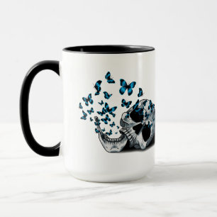 Taza Calavera y Mariposas Azules Negro y Blanco