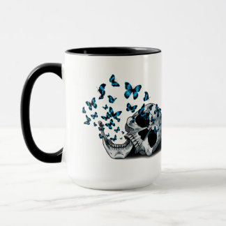 Taza Calavera y Mariposas Azules Negro y Blanco