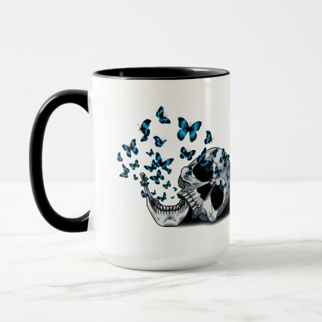 Taza Calavera y Mariposas Azules Negro y Blanco (Izquierda)