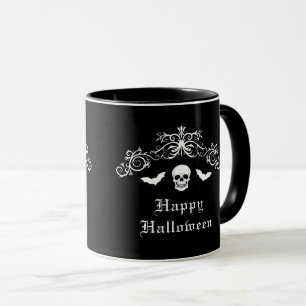 Taza Calavera y murciélagos Gótico Feliz Halloween Negr