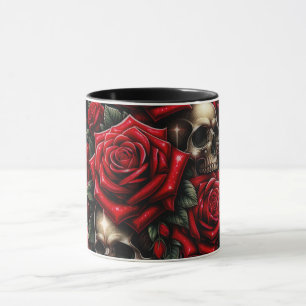 Taza Calaveras doradas y rosas rojas brillan con glamou