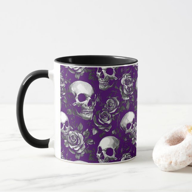 Taza Calaveras Y Rosas Púrpura (Con donut)