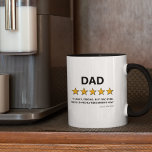 Taza Calificación de 5 estrellas del padre | Mejor Papá<br><div class="desc">Funny father mug presenta la palabra "dad",  con una reseña de 5 estrellas,  el comentario "divertido,  fuerte,  mejor padre de la historia,  le recomendaría mucho",  y el nombre de su hijo.</div>