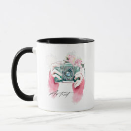 Taza Cámara acuarela con barniz de flores rosadas