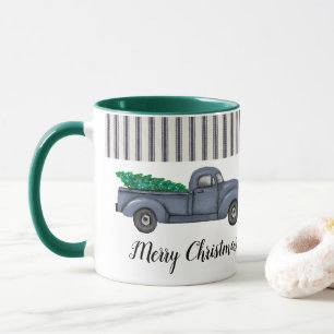 Taza Camión de árbol de Navidad azul vintage