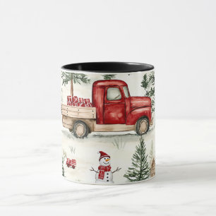 Taza Camión rojo con regalos y muñeco de nieve