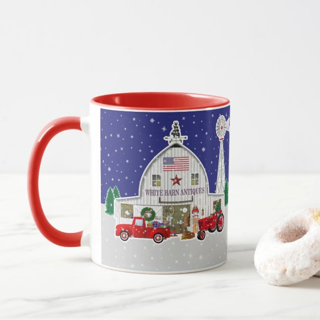 Taza Camión rojo pequeño y antiguo granero blanco (Con donut)