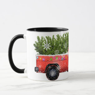 Taza Camión rojo vintage con barrido de árbol de Navida