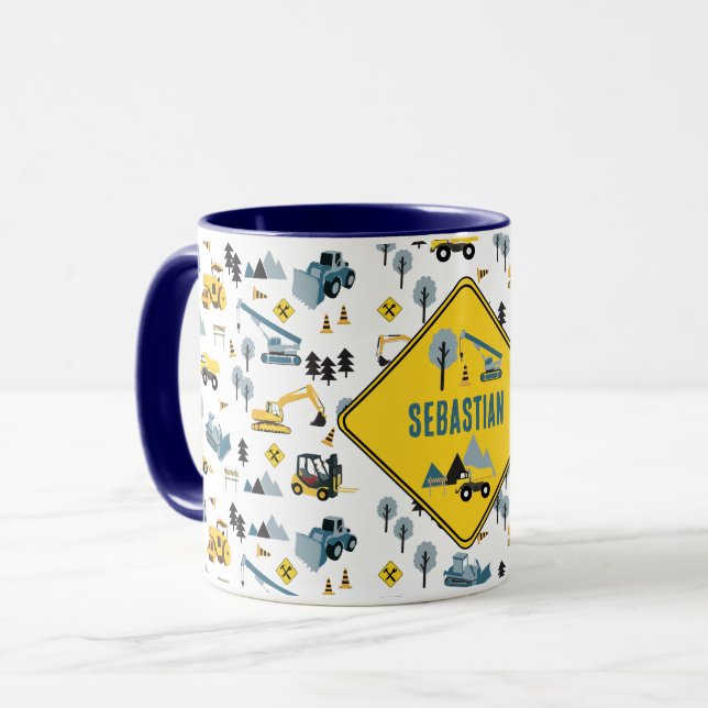 Taza Camiones de construcción azules y patrón de tema d (Anverso izquierdo)