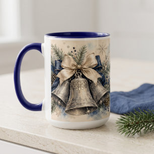 Taza Campanas de Navidad de Plata Elegantes en Acuarela