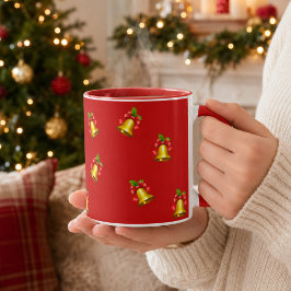 Taza Campanas doradas rojas y Navidad de acebo
