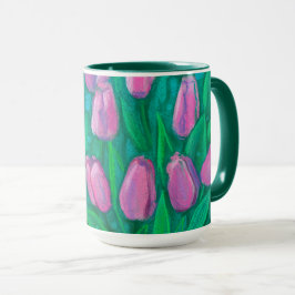 Taza Campo de tulipanes rosados, pintura con flores de 