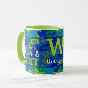 Taza Camuflaje Brillante Azul y Verde con Brillo Nombre