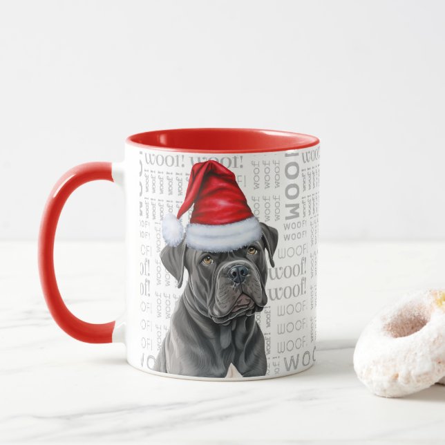 Taza Cane Corso Dog Santa sobre fondo de madera (Con donut)
