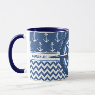 Taza Capitanes azules y blancos náuticos del