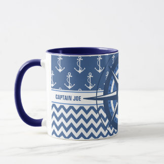 Taza Capitanes azules y blancos náuticos del