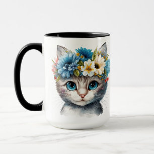 Taza CARA CAT BLANCA DE COLOR AGUA DE bonito CON FLORES