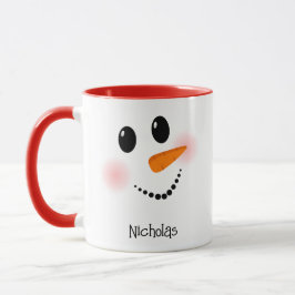 Taza Cara Feliz de Muñeco de Nieve Rojo Nombre Personal