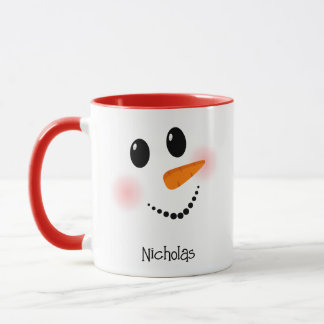 Taza Cara Feliz de Muñeco de Nieve Rojo Nombre Personal