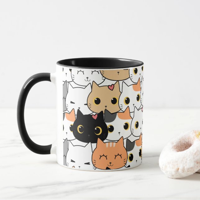 Taza Caras de gato cortas - Mug de patrón de Kawaii (Con donut)