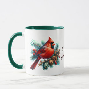 Taza Cardenal en rama de pino con bayas de invierno