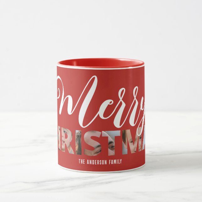 Taza Cargar tu foto en texto Feliz Navidad Rojo (Centro)