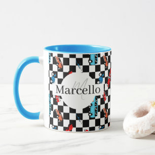 Taza Carreras Negro y Blanco Patrón Moderno con Coches