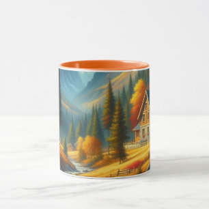 Taza Casa de montaña rústica y río de otoño