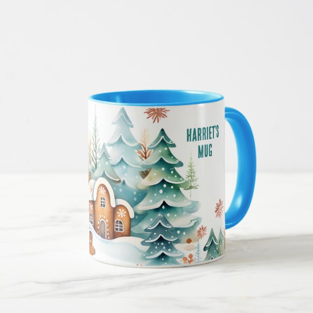 Taza Casa de pan de jengibre Navidades felices. Texto e (Anverso derecho)