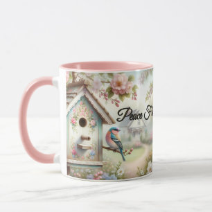 Taza Casa para pájaros de primavera con flores y ave