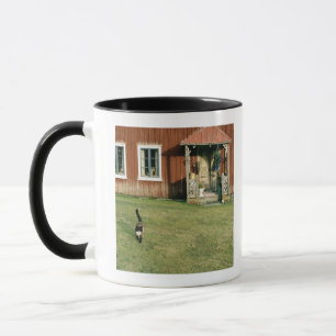 Taza Casa roja gastada con un gato en el césped
