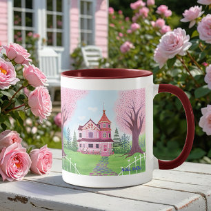 Taza Casa rosa victoriana y flores de cerezo