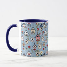 Casas de pájaros de patchwork floral y fondo azul 