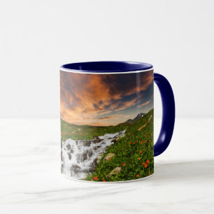 Taza Cascada en las montañas con las flores