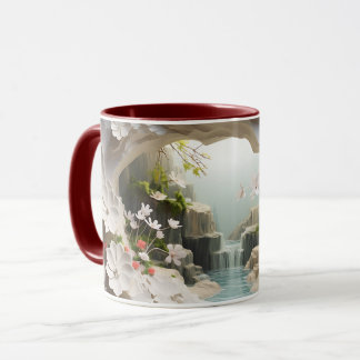 Taza Cascada y Flores Blancas Cerámica Café Mug ☕