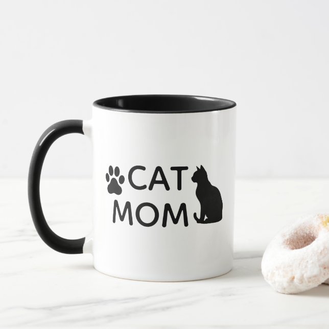 Taza CAT MOM Coffee Mug | Black Cat Paw Print & Heart (Con donut)