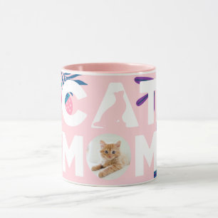Taza CAT MOM, tu foto, flores rosadas y hojas