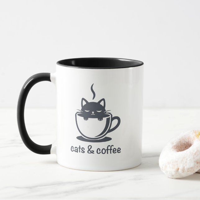 Taza Cats and Coffee Minimalist Noir Feline Quote (Con donut)