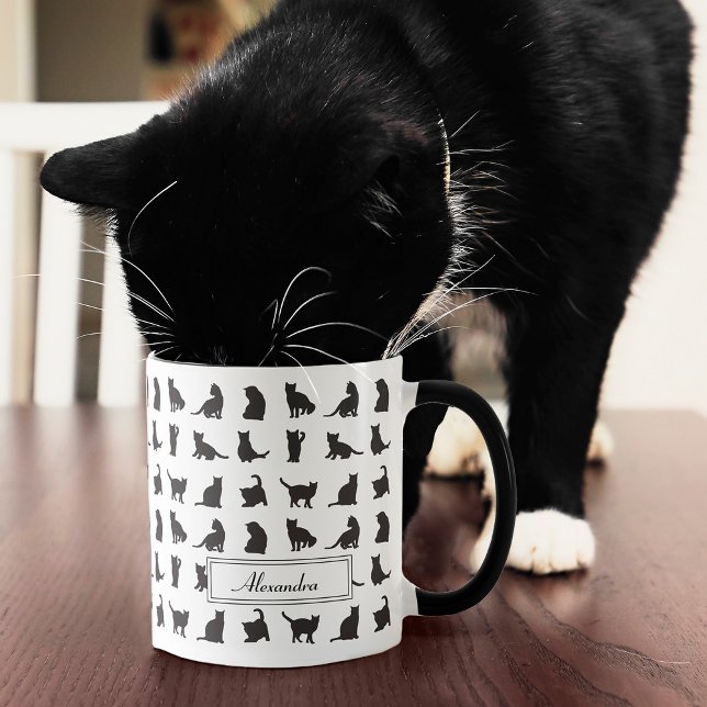 Taza Cats in Black Silhouette Pattern with First Name (Subido por el creador)