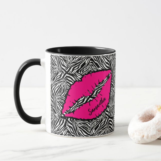 Taza Cebra simple con labios rosados personalizados (Con donut)