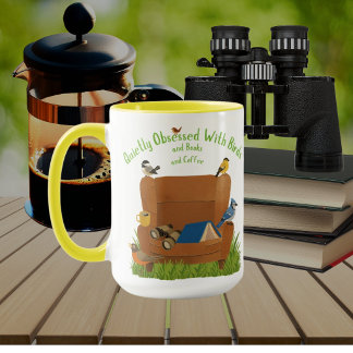 Taza Celebración Colorida de Libros y Café de Aves