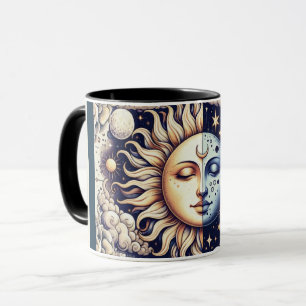 Taza Celestial Antiguo Medio Sol y Luna Azul Amarillo
