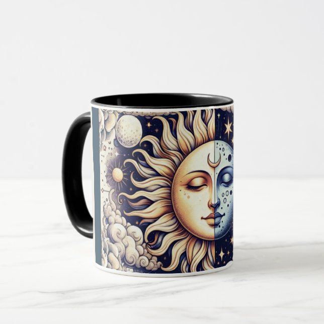 Taza Celestial Antiguo Medio Sol y Luna Azul Amarillo (Anverso izquierdo)
