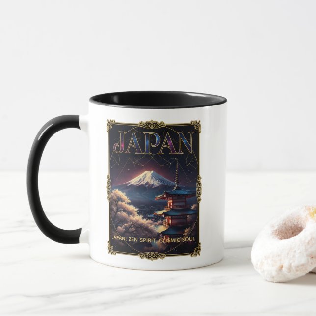 Taza Celestial Mount Fuji Japan Pagoda Travel Art (Con donut)