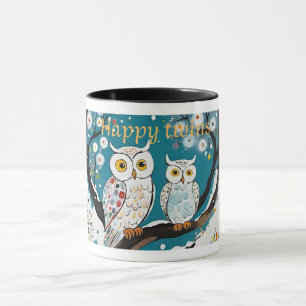 Taza Cerámica de gemelos felices con diseño de lechuza
