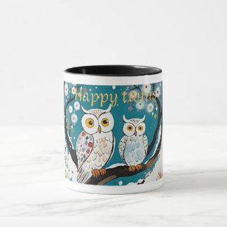 Taza Cerámica de gemelos felices con diseño de lechuza