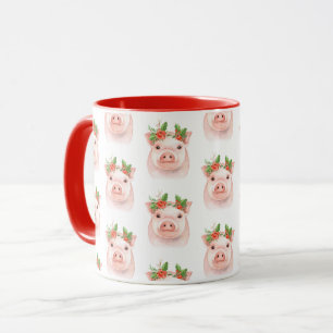 Taza Cerdito de Navidad Rosa Rosa Granja País Fiesta